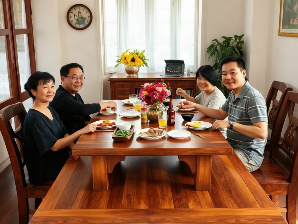 Gia đình Việt Nam thưởng thức bữa ăn quanh bàn ăn gỗ đẹp