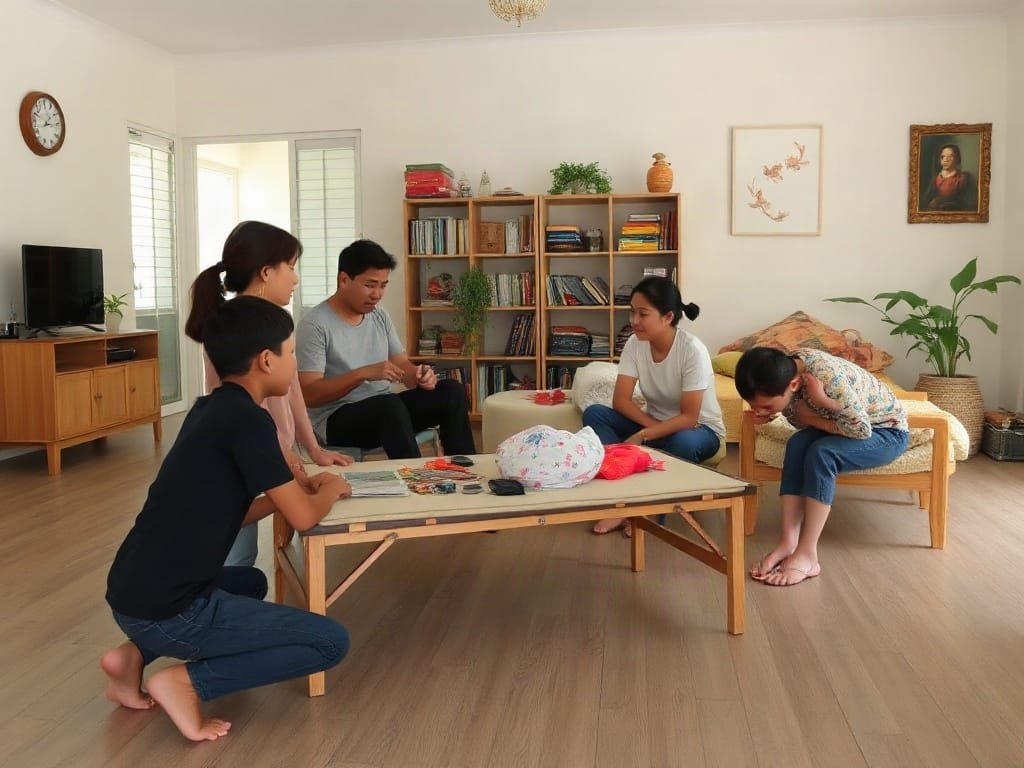 Khám Phá 5 Công Dụng Hữu Ích của Giường Xếp Cho Không Gian Sống Gia đình Việt Nam tụ họp quanh giường xếp trong không gian sống rộng rãi.
