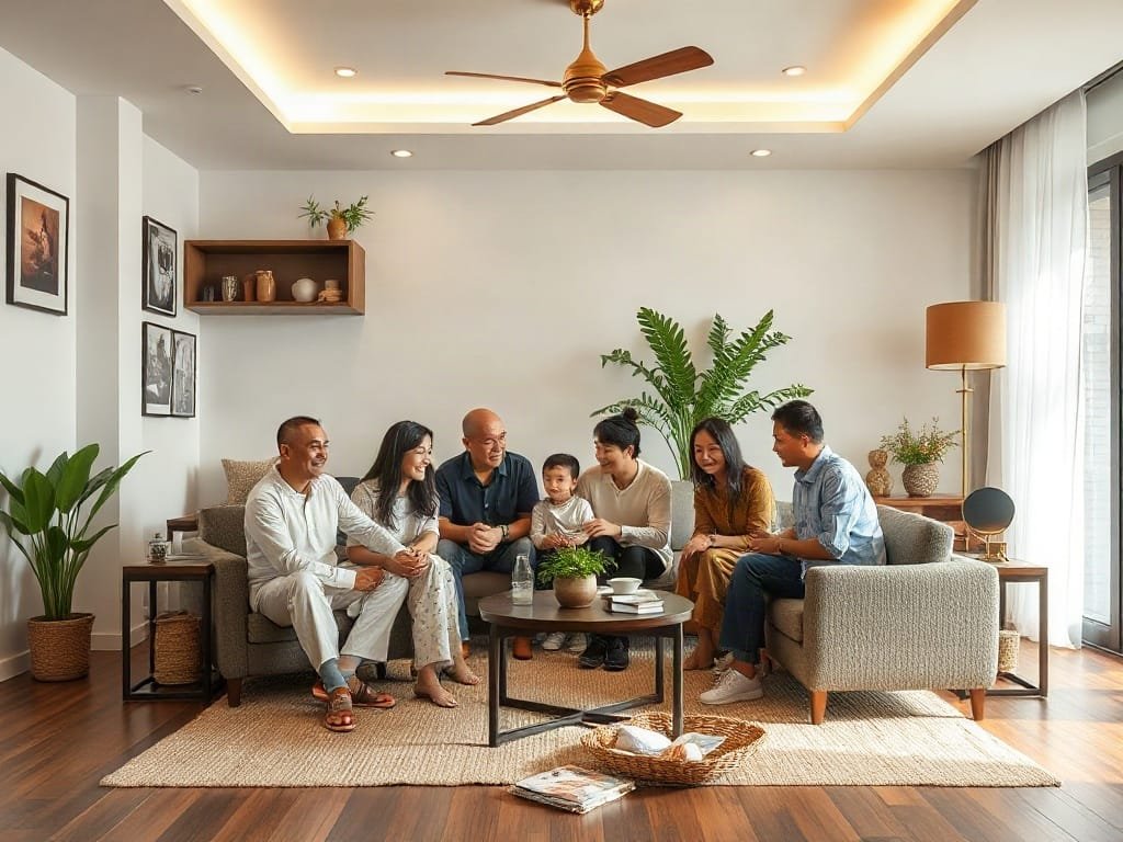 Gia đình Việt Nam tụ họp trong phòng khách hiện đại