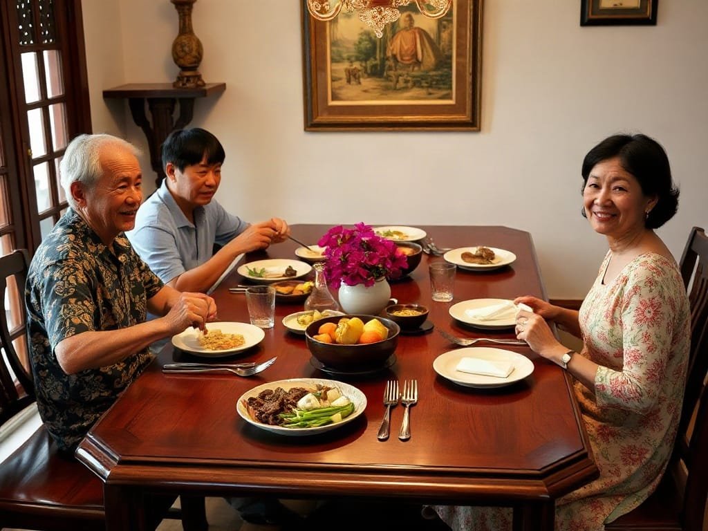 3 Cách Chọn Màu Sắc Bàn Ăn Gỗ Hoàn Hảo Cho Không Gian Sống Gia đình Việt quây quần bên bàn ăn gỗ đẹp.