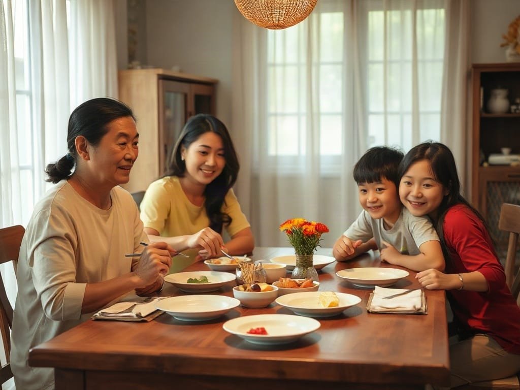 3 Cách Chọn Bàn Ăn Chống Ẩm Mốc Hiệu Quả Cho Gia Đình Bạn Gia đình Việt quây quần bên bàn ăn gỗ, tạo cảm giác ấm áp.