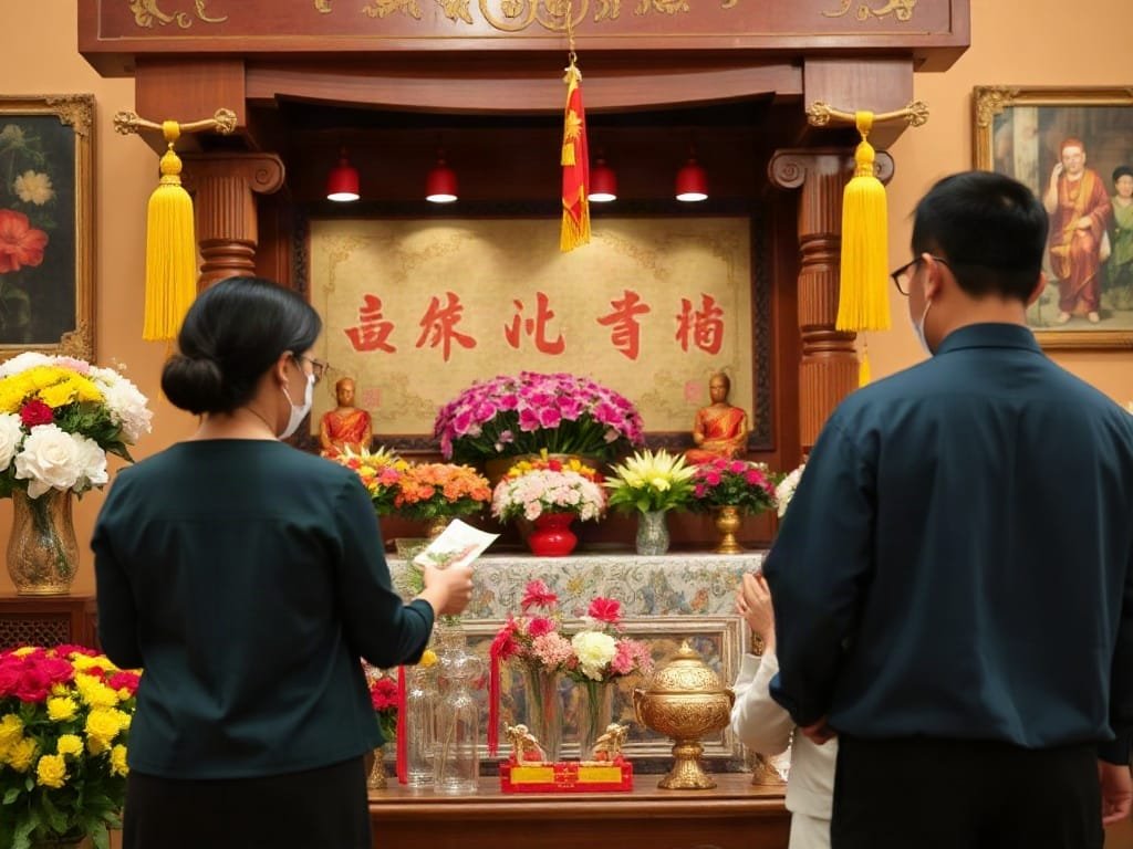 Miêu tả từng bước sản phẩm vệ sinh dùng trên bề mặt tủ thờ gỗ ngăn nắp.
