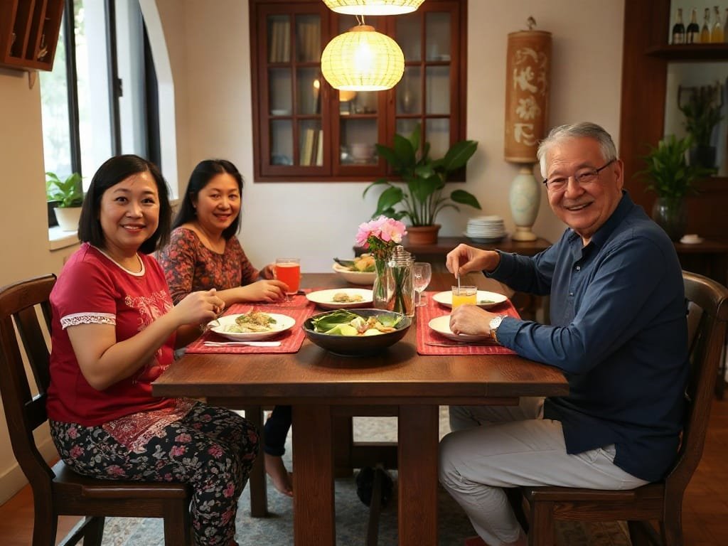Khám Phá 8 Đặc Điểm Nổi Bật Của Bộ Bàn Ăn Cao Cấp Gia đình Việt thưởng thức bữa ăn tại chiếc bàn ăn gỗ tự nhiên.