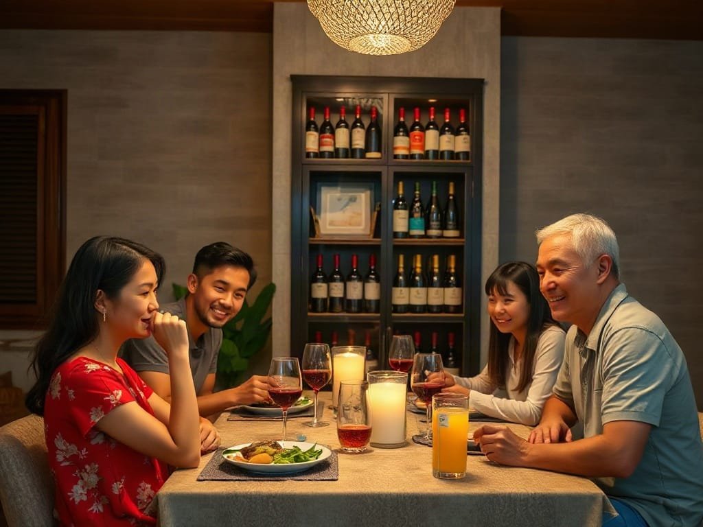 Gia đình Việt thưởng thức buổi tối với tủ rượu nổi bật