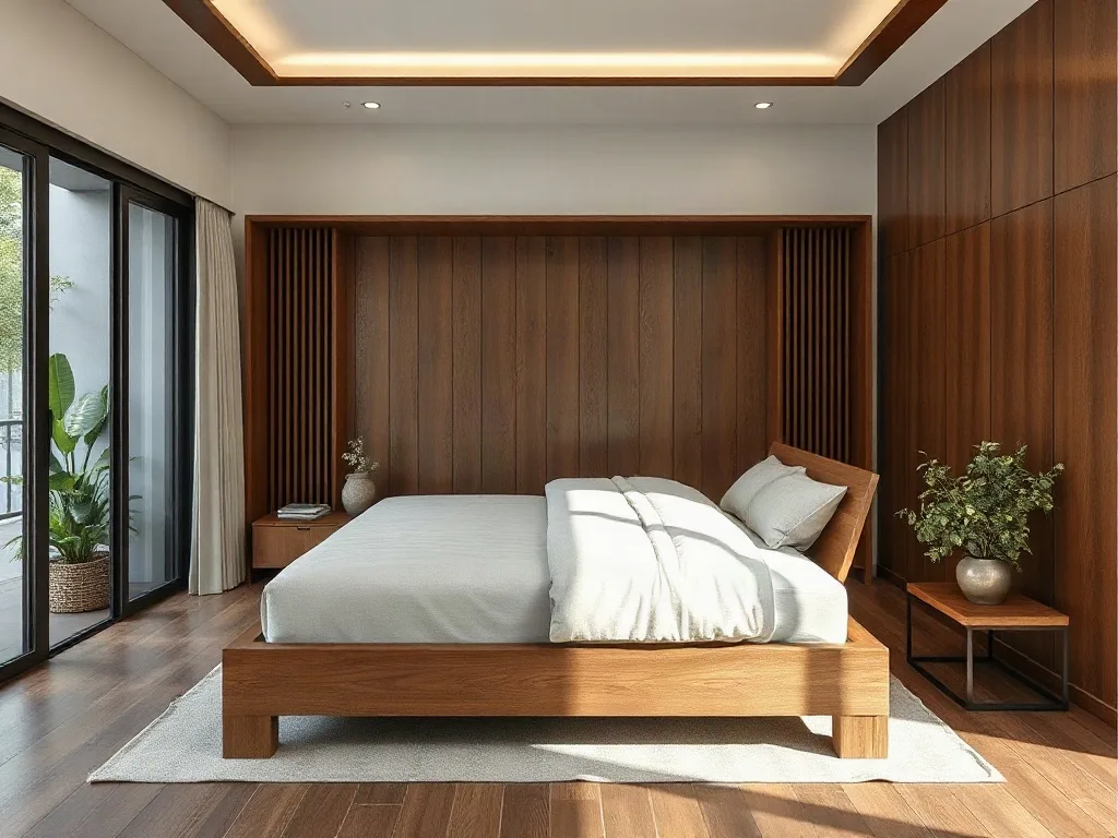 Giường gỗ tối giản trong căn nhà hiện đại Việt Nam