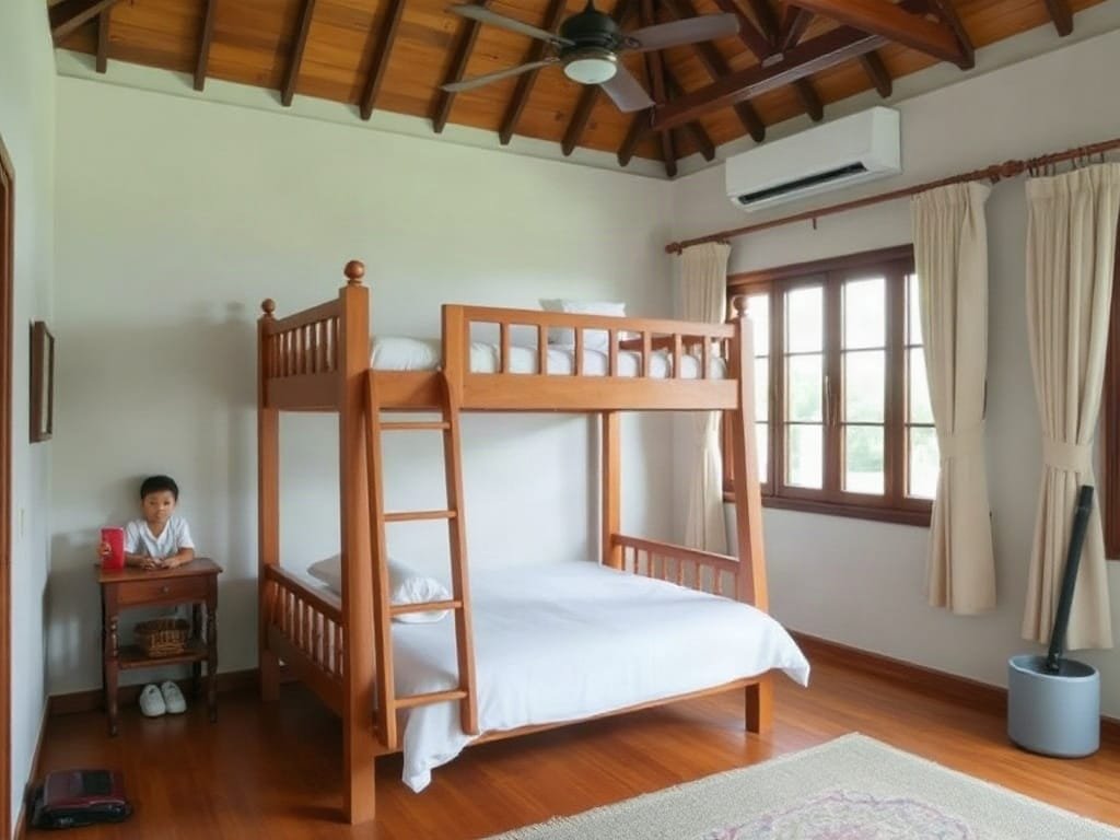 6 Mẹo Hay Với Giường Tầng Trẻ Em Giúp Tối Ưu Không Gian Giường tầng gỗ thanh lịch trong phòng trẻ em biệt thự rộng rãi Việt Nam.
