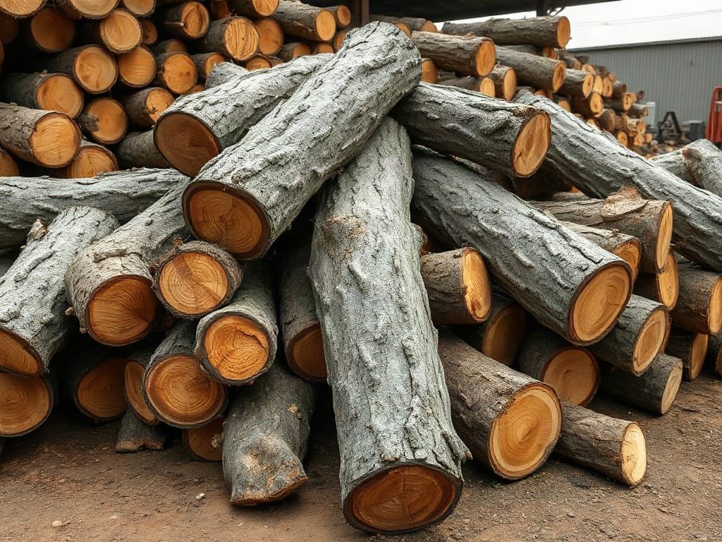 Gỗ đẹp hiện đại tròn vỏ dày tập kết tại bãi xưởng cưa