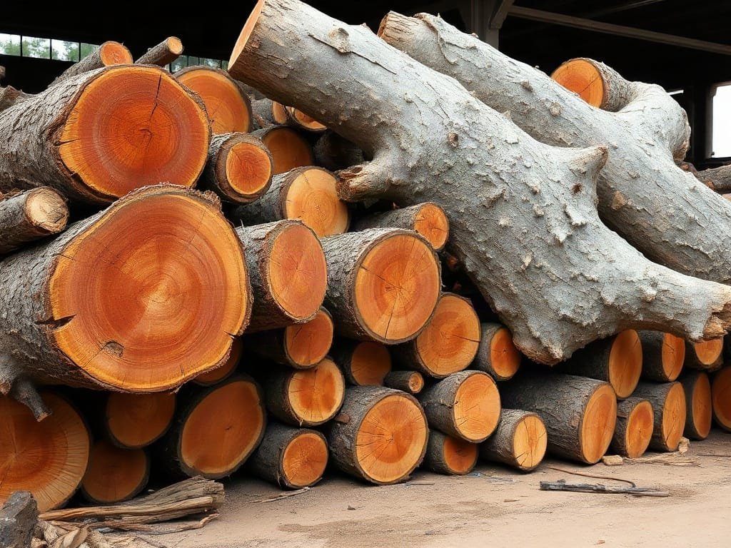 Gỗ gõ đỏ tròn vỏ dày tập kết tại bãi xưởng cưa