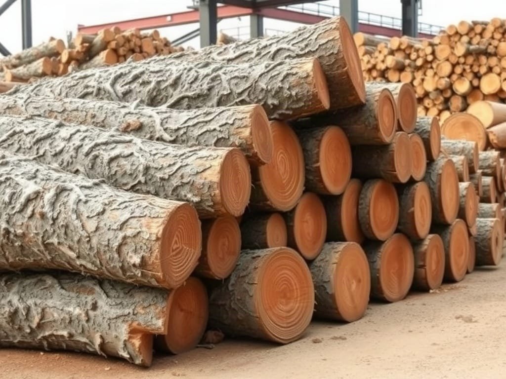 Gỗ gụ tròn vỏ dày tập kết tại bãi xưởng cưa