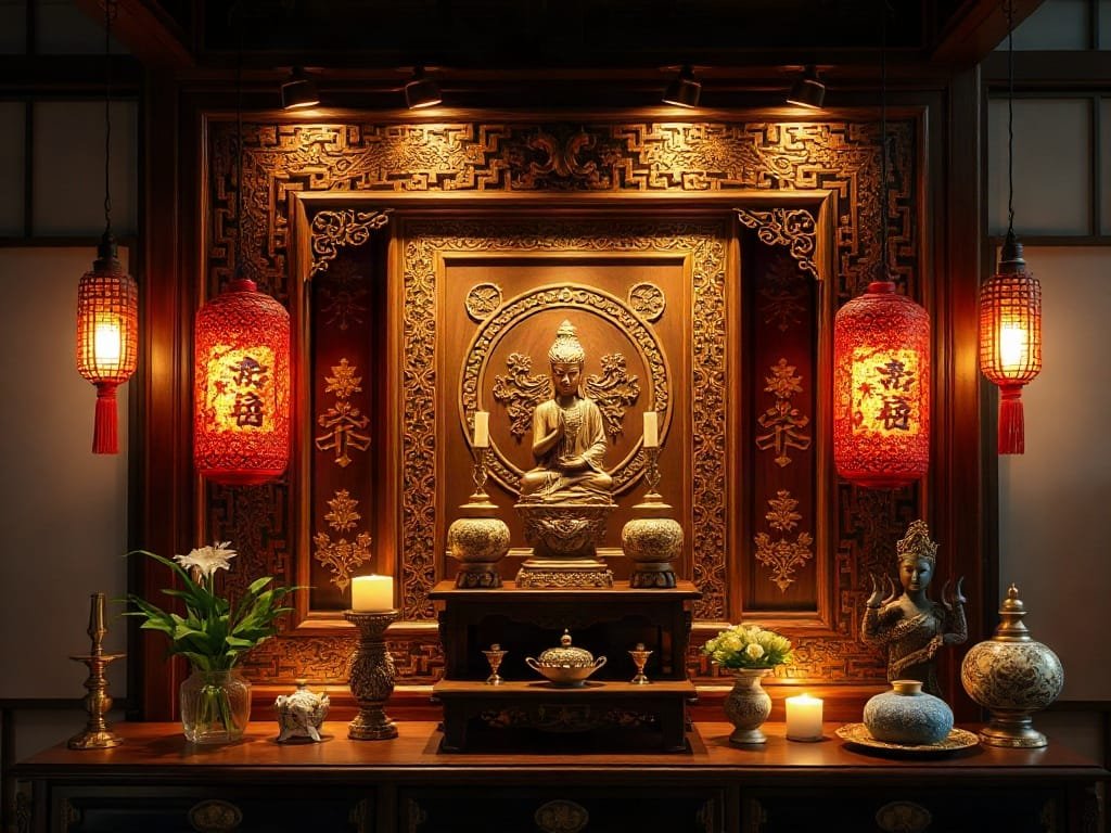4 Kiểu Bàn Thờ Tiết Kiệm Không Gian Sống - Giải Pháp Tối Ưu Cho Nhà Phố Việt Góc bàn thờ truyền thống Việt Nam với chạm khắc gỗ chi tiết và ánh sáng nhẹ.