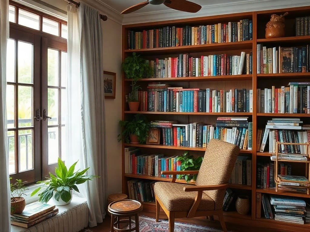 Góc đọc sách ấm cúng với giá sách bằng gỗ trong nhà Việt Nam.
