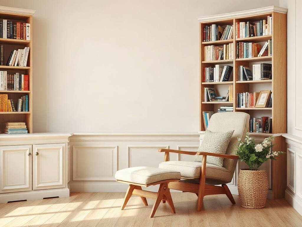 Góc đọc sách trang nhã với ghế bố gỗ thoải mái và kệ sách.