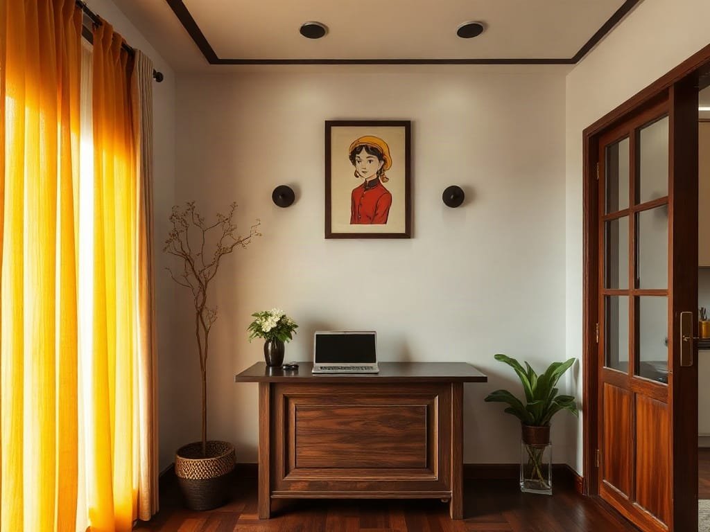 Khám Phá 6 Mẫu Mã Quầy Lễ Tân Đa Dạng Cho Không Gian Nội Thất Sang Trọng Góc lễ tân ấm cúng trong nhà Việt Nam với quầy lễ tân gỗ nhỏ gọn.