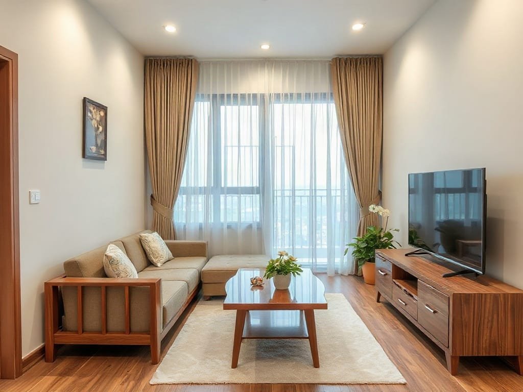 6 Cách Làm Sạch Kệ Tivi Gỗ Đơn Giản Và Hiệu Quả Tại Nhà Góc phòng khách trong căn hộ Việt Nam với đồ nội thất tivi gỗ và bình xịt làm sạch