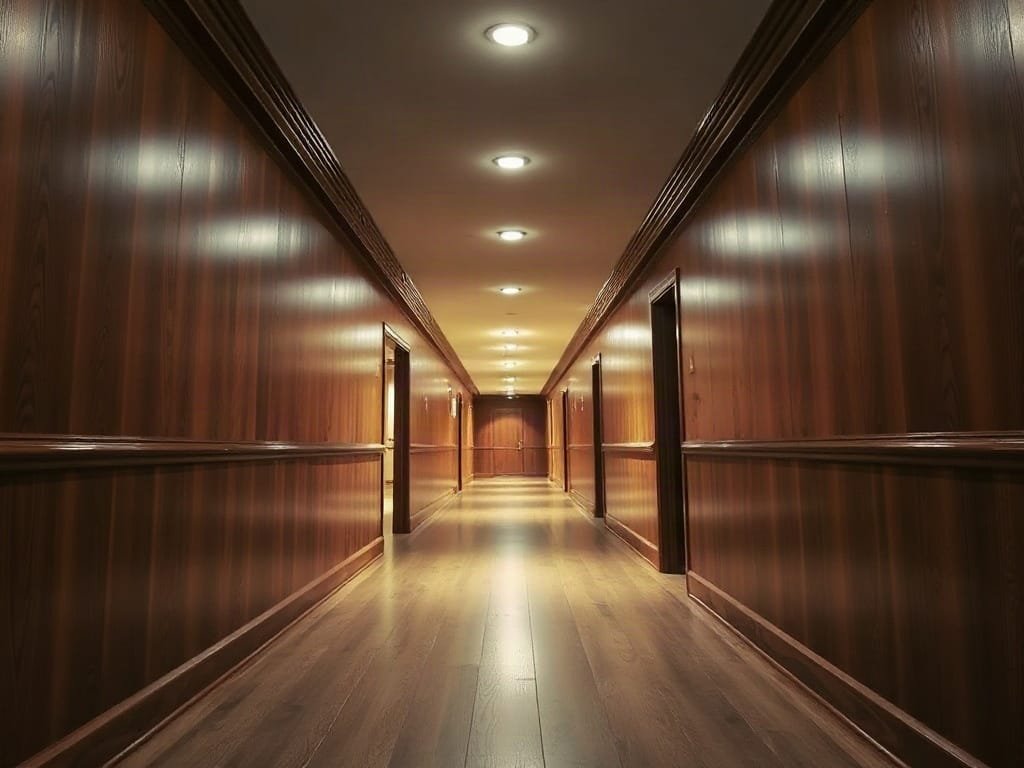 Hành lang rộng rãi trong ngôi nhà với tấm ốp gỗ gõ đỏ