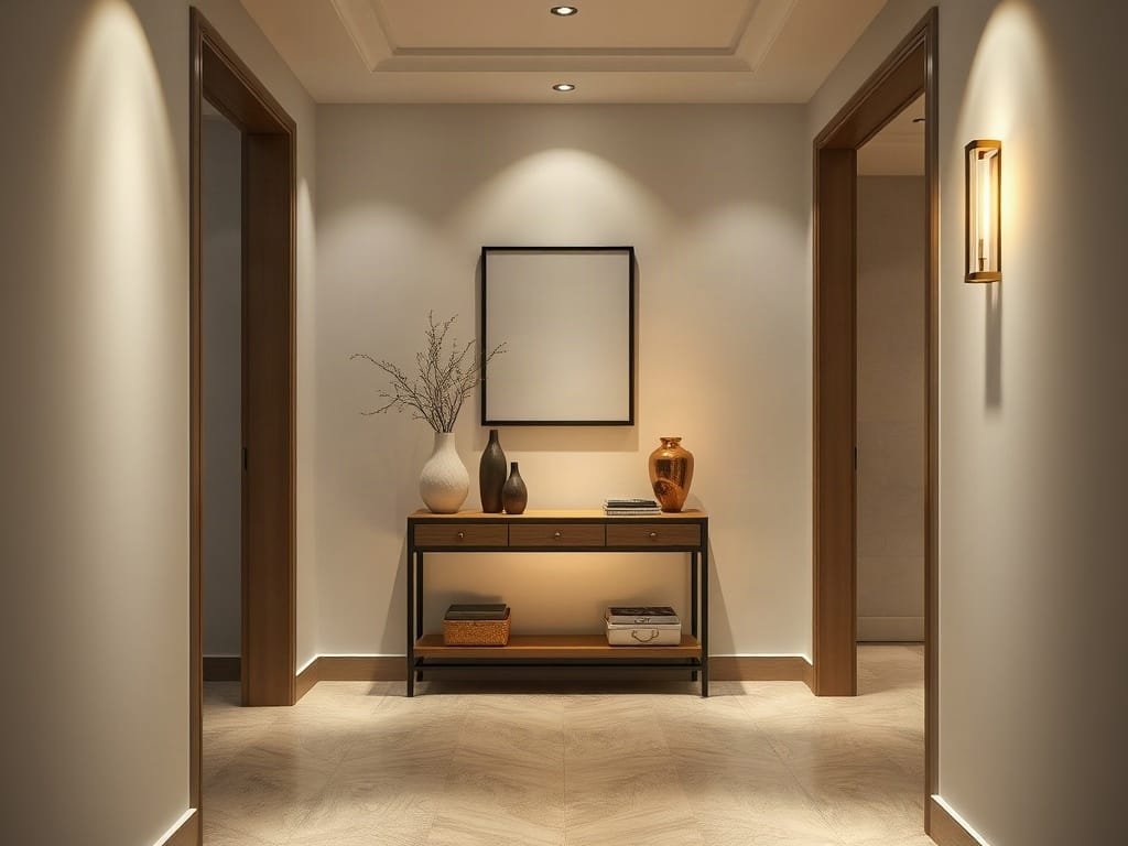 Hành lang với bàn điều khiển gỗ gụ trang nhã.