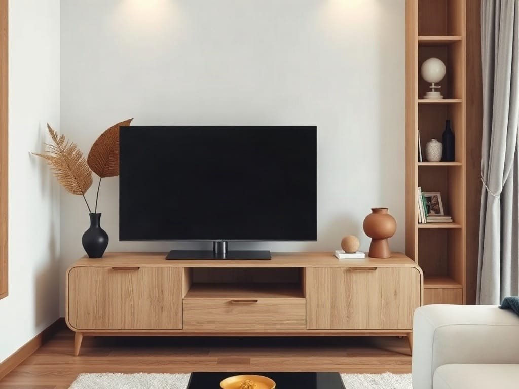 Kệ tivi gỗ tối giản đặt trong nội thất Việt Nam hài hòa.