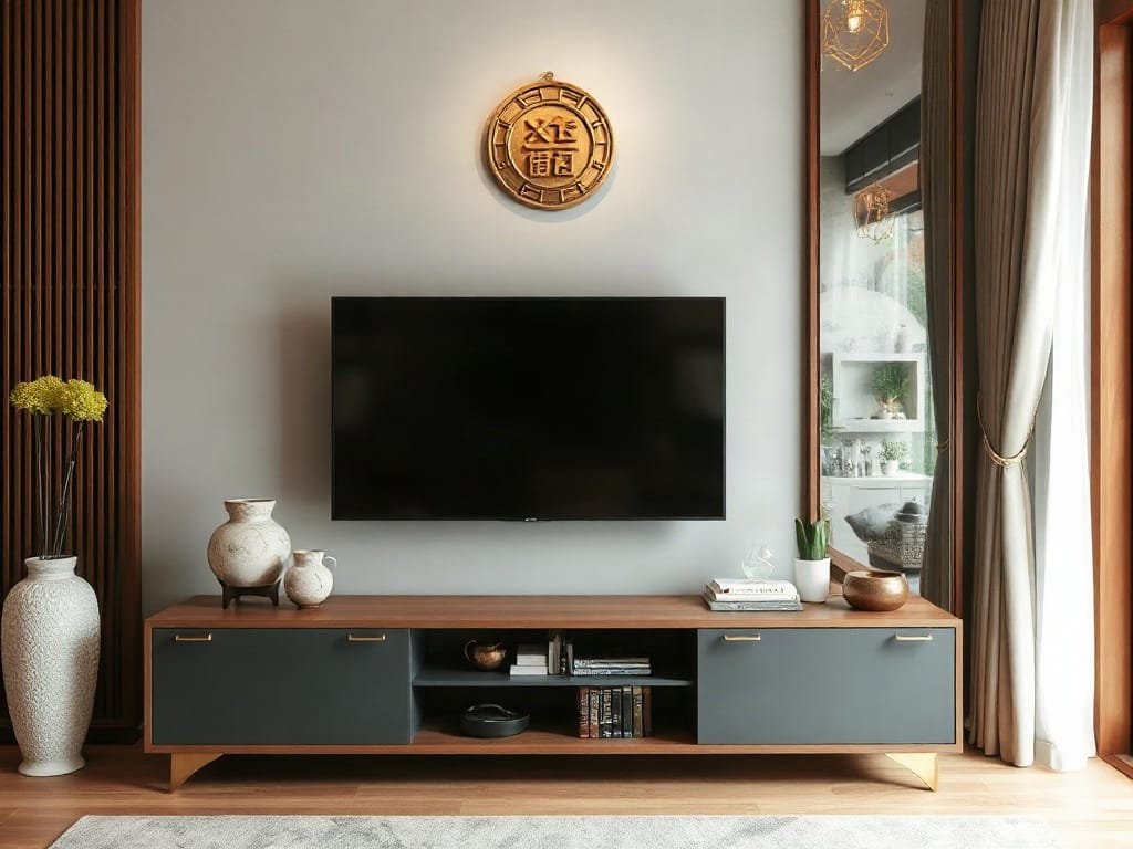 Kệ tivi sang trọng trong căn hộ Việt Nam với yếu tố phong thủy.