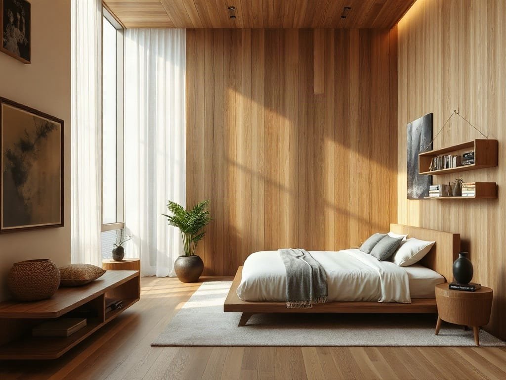 Kết cấu gỗ tự nhiên trong phòng ngủ sang trọng Việt Nam