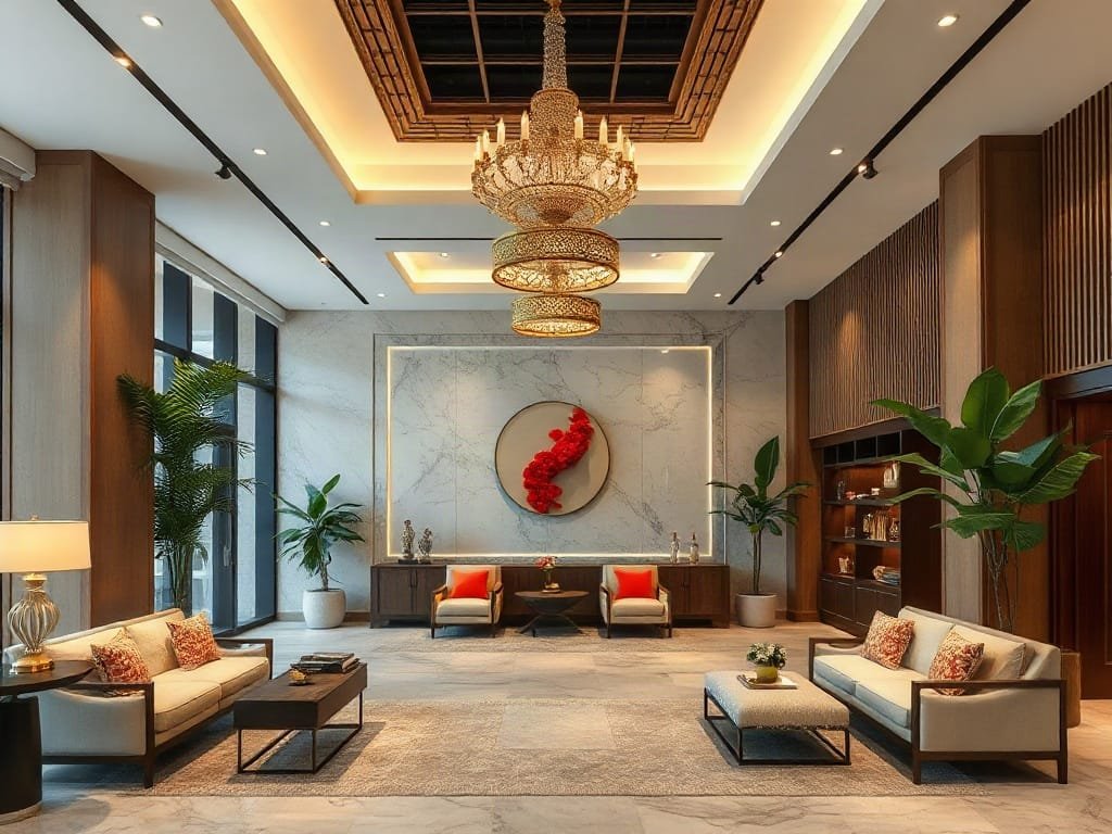 Kết hợp trang trí hiện đại và truyền thống ở lễ tân Việt Nam.