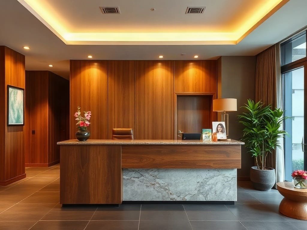 Khám Phá 6 Mẫu Mã Quầy Lễ Tân Đa Dạng Cho Không Gian Nội Thất Sang Trọng Khách sạn boutique lễ tân ấm áp với quầy gỗ và đá phong cách.