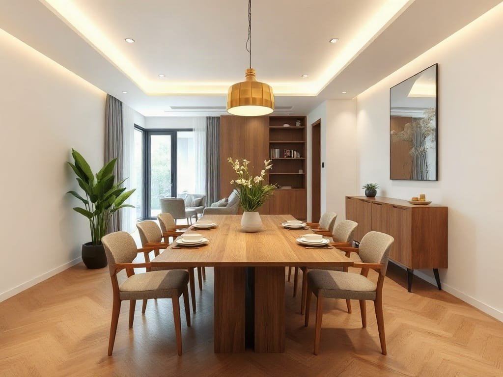 Không gian ăn uống hiện đại với bộ bàn ăn gỗ tối giản tại Việt Nam.