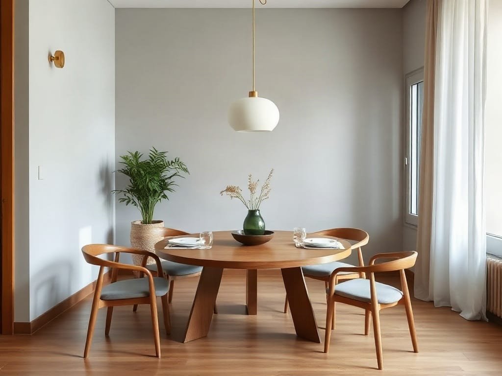 Khám Phá 8 Đặc Điểm Nổi Bật Của Bộ Bàn Ăn Cao Cấp Không gian ăn uống thanh bình với bàn tròn gỗ và thiết kế tối giản tại Việt Nam.