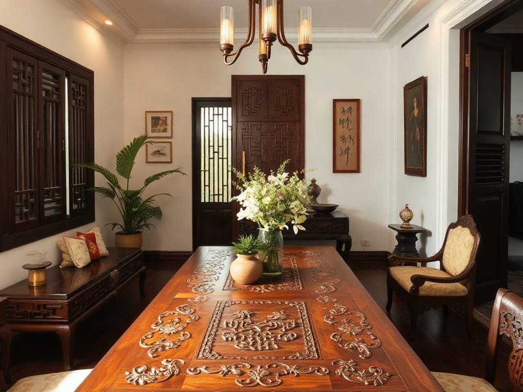 Không gian ăn uống Việt Nam với bàn gỗ chạm trổ.