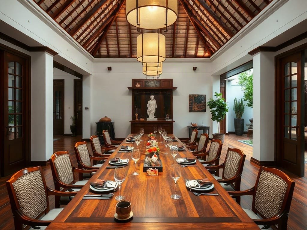 Không gian bàn ăn xa hoa trong biệt thự Việt Nam với bàn gỗ dài.
