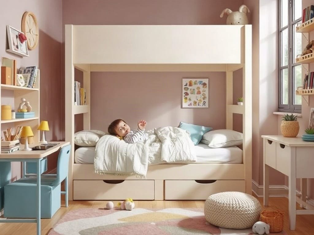 Không gian ngủ của trẻ với nội thất tiện dụng và an toàn.