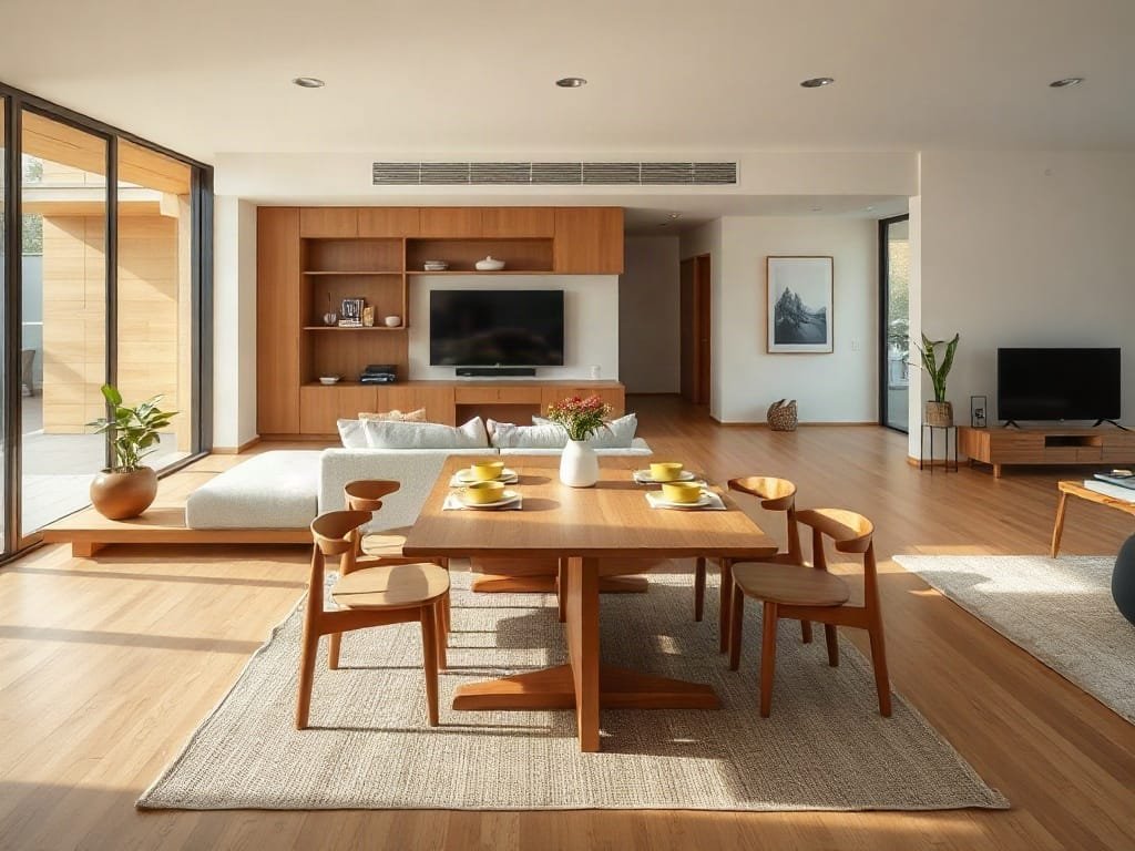 Không gian sống mở với bố trí ăn uống tối giản kiểu Nhật