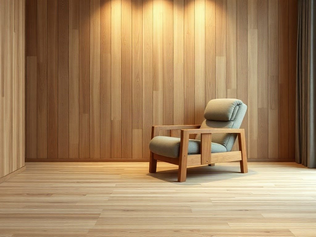 Không gian sống tối giản với điểm nhấn là ghế bố và chất liệu gỗ.