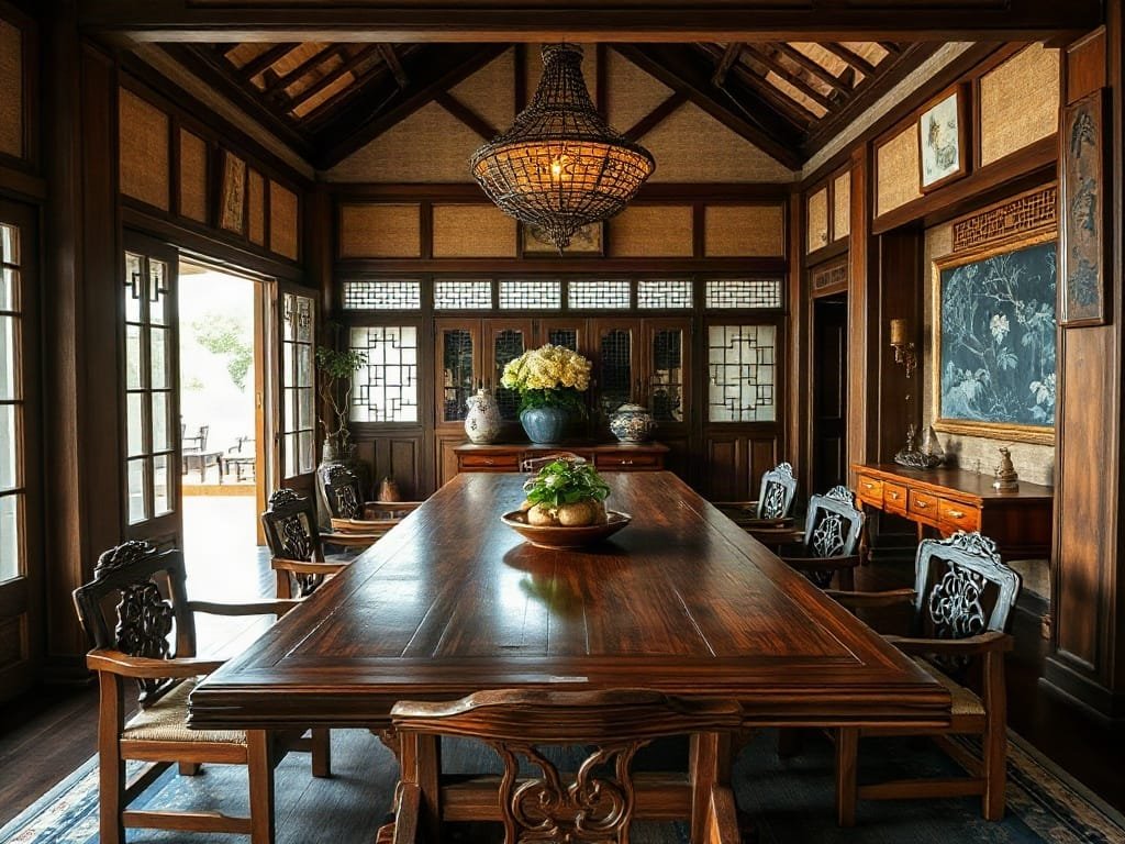 Không gian truyền thống của nhà Việt với bàn ăn gỗ lớn làm điểm nhấn