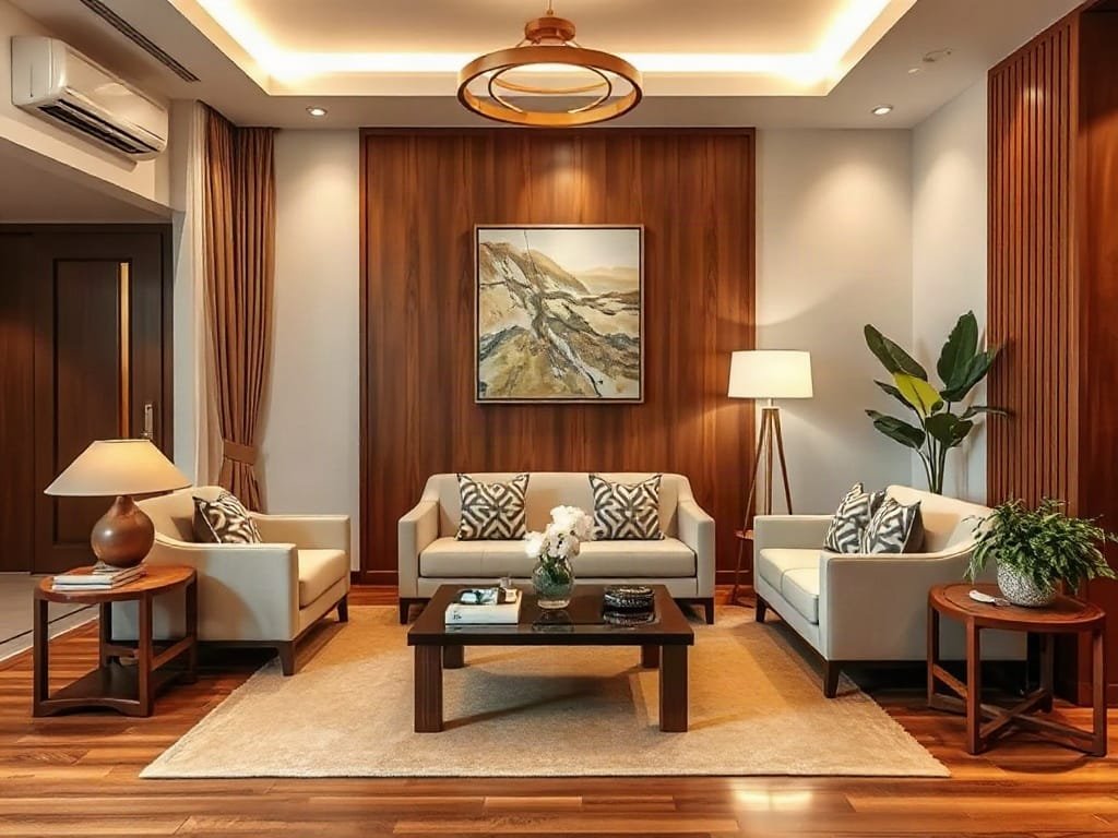 Khu lễ tân ấm cúng tại căn hộ Việt Nam với biểu tượng bình an.