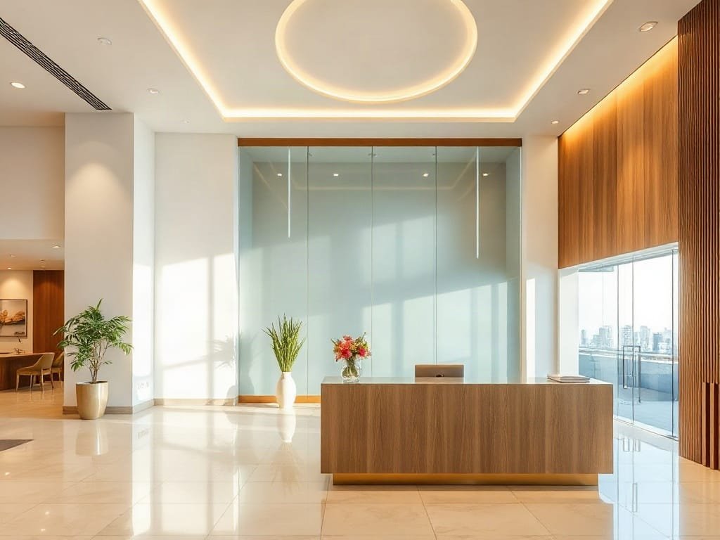 Khám Phá 6 Mẫu Mã Quầy Lễ Tân Đa Dạng Cho Không Gian Nội Thất Sang Trọng Khu lễ tân sáng sủa trong chung cư với bàn lễ tân mặt kính hiện đại.