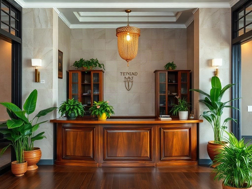 Khám Phá 6 Mẫu Mã Quầy Lễ Tân Đa Dạng Cho Không Gian Nội Thất Sang Trọng Khu lễ tân tinh tế với quầy gỗ kiểu dáng retro và cây xanh trang trí.