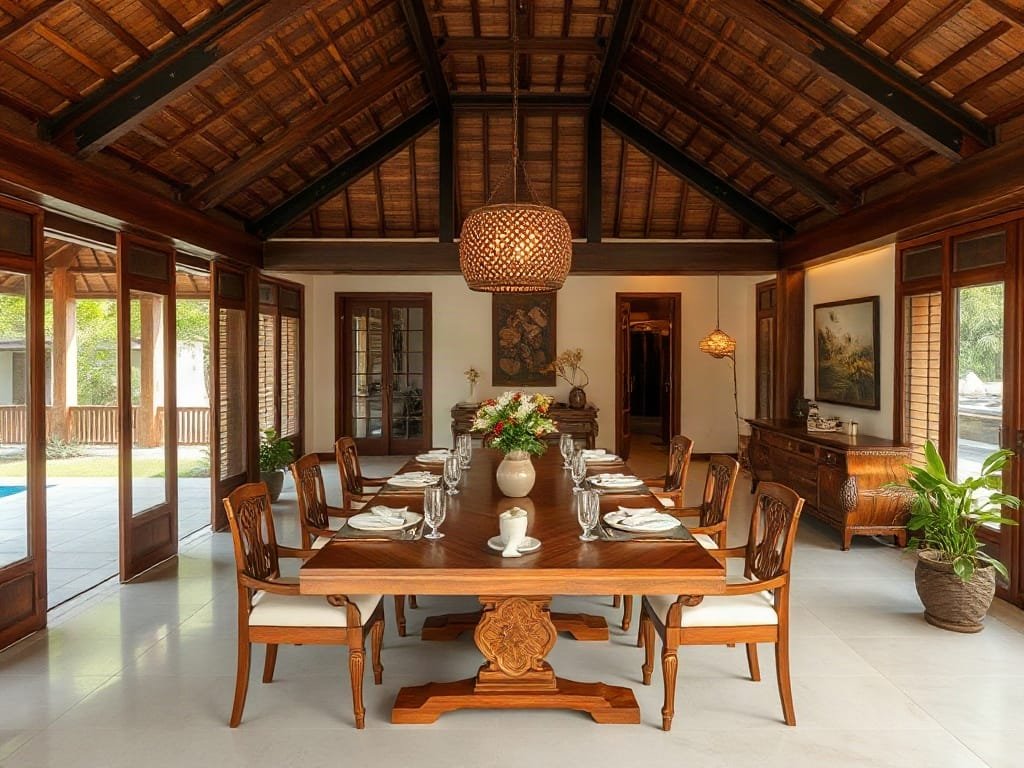 3 Cách Chọn Bàn Ăn Chống Ẩm Mốc Hiệu Quả Cho Gia Đình Bạn Khu vực ăn rộng rãi trong nhà gỗ Việt Nam, bộ bàn gỗ lịch lãm.