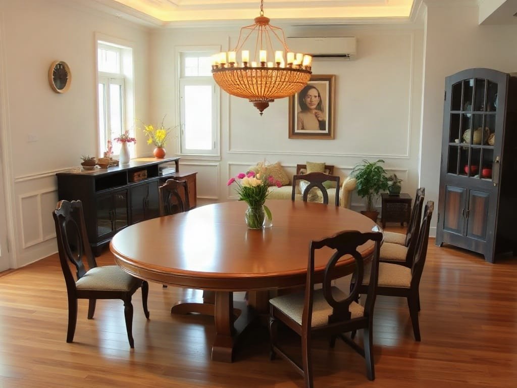 Khu vực ăn uống gia đình tại Việt Nam với bàn ăn gỗ tròn lớn
