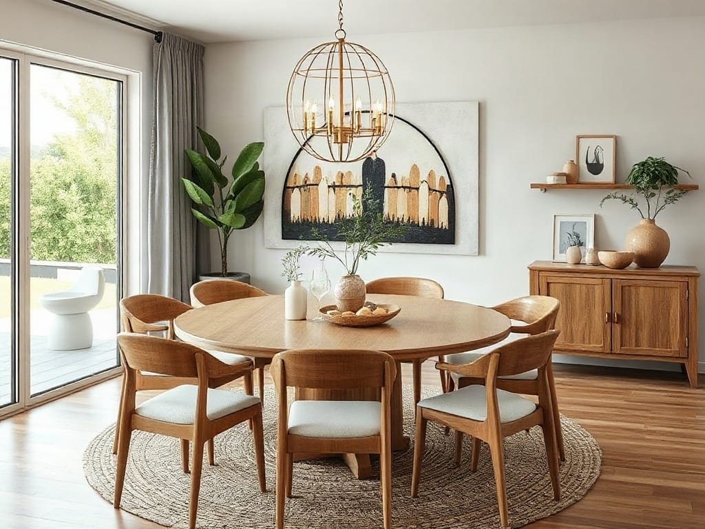 Khám Phá 8 Đặc Điểm Nổi Bật Của Bộ Bàn Ăn Cao Cấp Khu vực ăn uống hiện đại với nội thất gỗ thanh lịch và trang trí tự nhiên.
