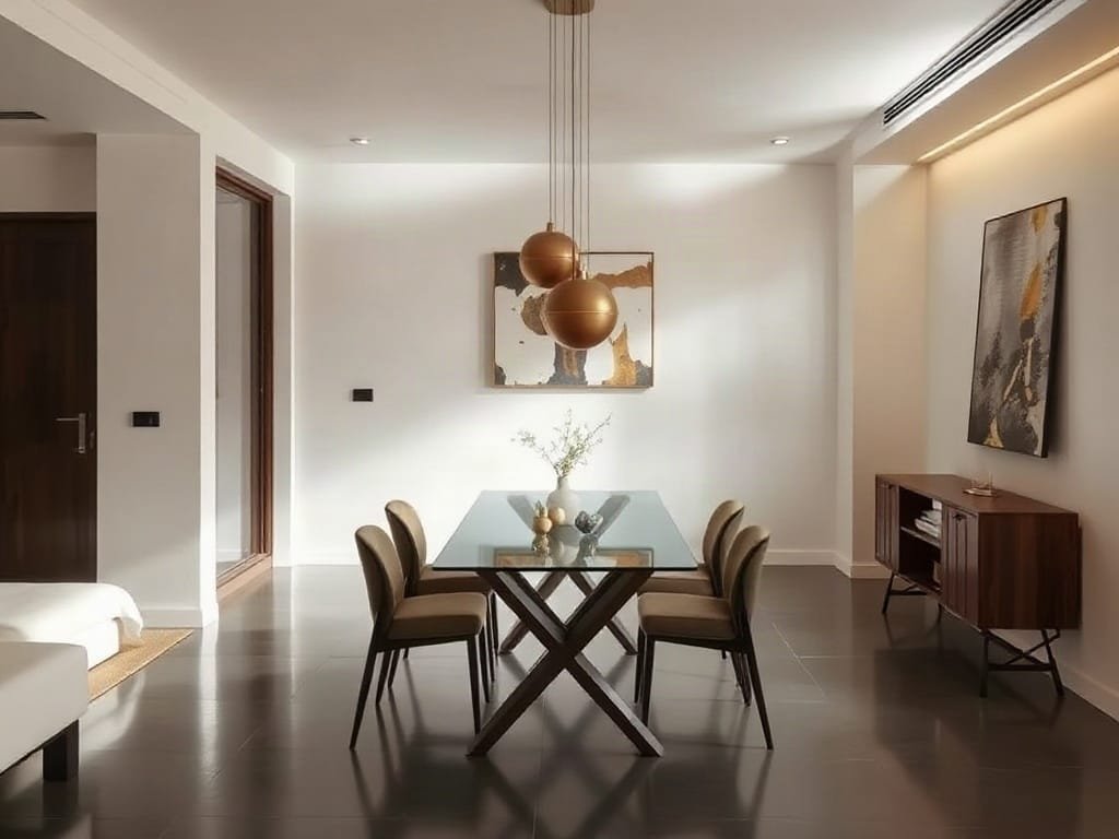 Khu vực ăn uống tối giản của Việt Nam với bàn mặt kính.