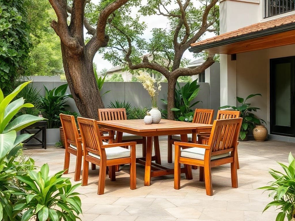 Khu vực hiên ngoài trời ở Việt Nam với đồ gỗ Đinh Hương bền bỉ.