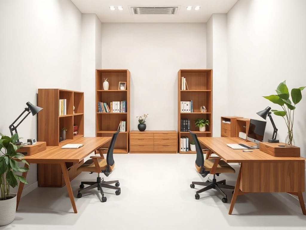 Khu vực học tập tối giản với nội thất gỗ gõ đỏ và thẩm mỹ hiện đại