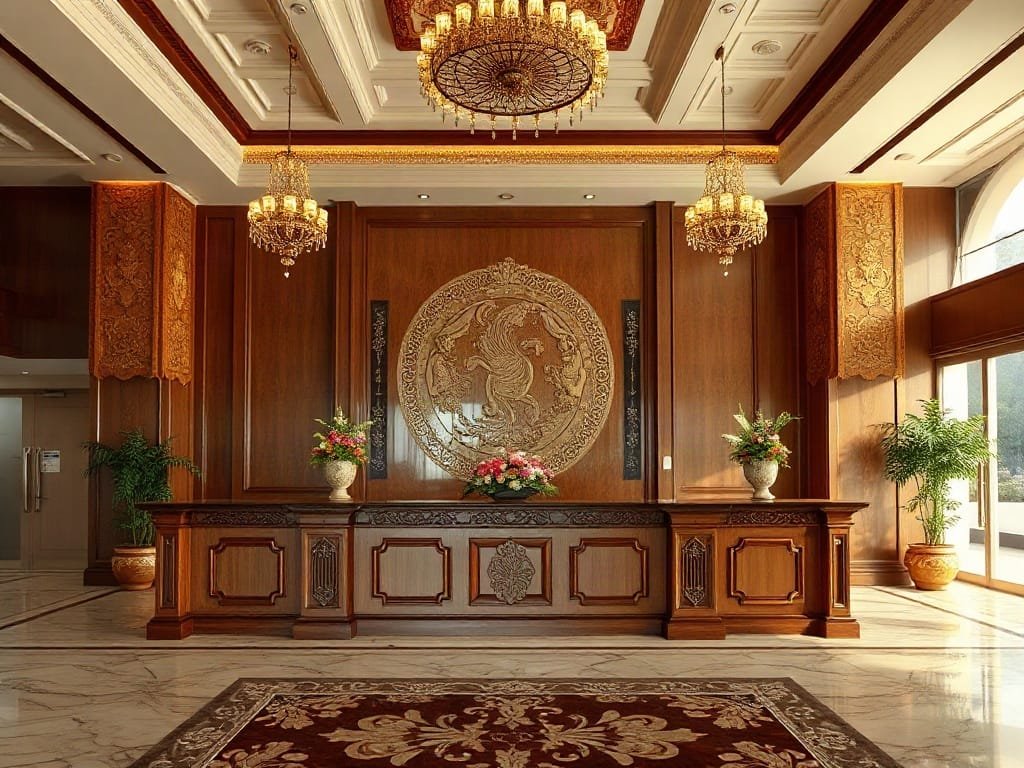 Khám Phá 6 Mẫu Mã Quầy Lễ Tân Đa Dạng Cho Không Gian Nội Thất Sang Trọng Khu vực lễ tân khách sạn xa hoa với quầy lễ tân gỗ chạm khắc công phu.