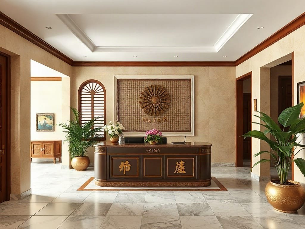 Khám Phá 6 Mẫu Mã Quầy Lễ Tân Đa Dạng Cho Không Gian Nội Thất Sang Trọng Khu vực lễ tân mang phong cách Việt Nam truyền thống với chi tiết Hán.