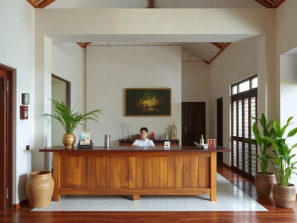 Khám Phá 6 Mẫu Mã Quầy Lễ Tân Đa Dạng Cho Không Gian Nội Thất Sang Trọng Khu vực lễ tân nghỉ dưỡng thanh bình với quầy gỗ mộc và tre.