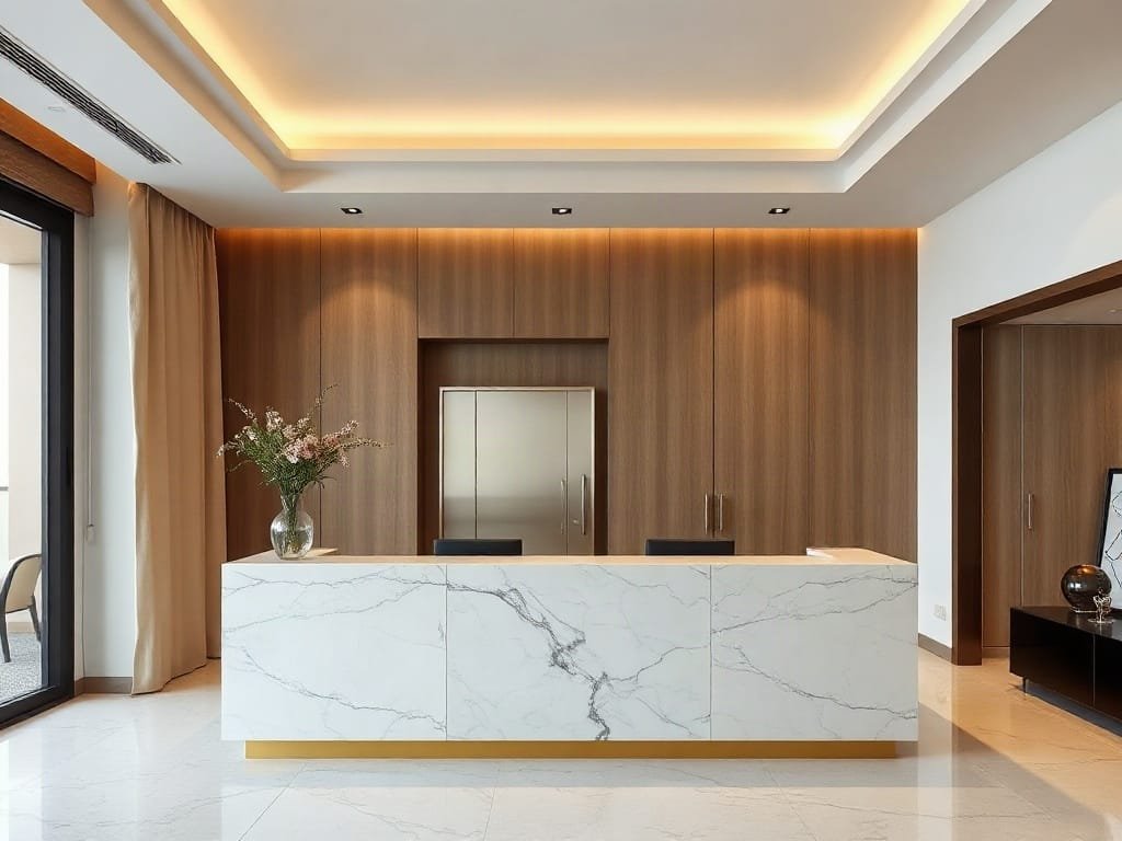 Khám Phá 6 Mẫu Mã Quầy Lễ Tân Đa Dạng Cho Không Gian Nội Thất Sang Trọng Khu vực lễ tân tối giản trong căn hộ Việt Nam với mặt bàn đá cẩm thạch.