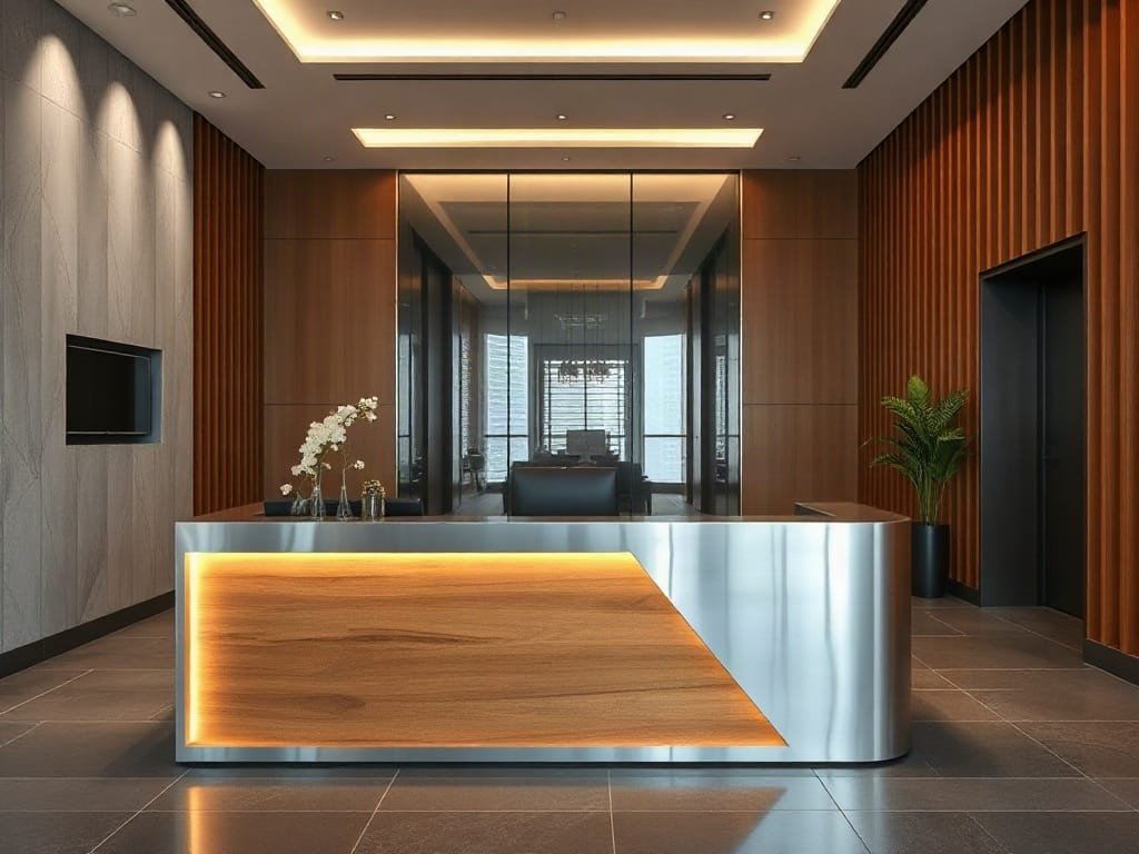Khám Phá 6 Mẫu Mã Quầy Lễ Tân Đa Dạng Cho Không Gian Nội Thất Sang Trọng Khu vực lễ tân văn phòng hiện đại với quầy kim loại và gỗ.