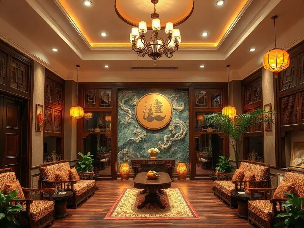 Khu vực lễ tân Việt Nam với yếu tố décor huyền bí và thịnh vượng.