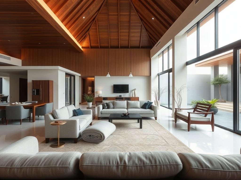 Khu vực sinh hoạt gia đình hiện đại tại biệt thự Việt Nam với nhiều lựa chọn ghế, bao gồm ghế bố.