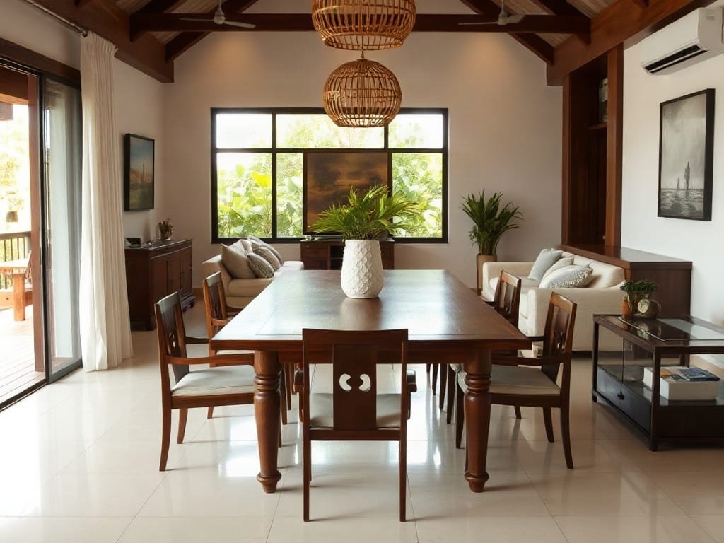 Khu vực sinh hoạt rộng rãi tại Việt Nam với bàn ăn gỗ được đánh bóng
